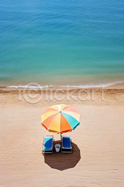 사람없음 JPG 디지털합성 편집이미지 그림자 모래사장 바다 선베드 야외 양동이 여름(계절) 의자 파라솔 해변