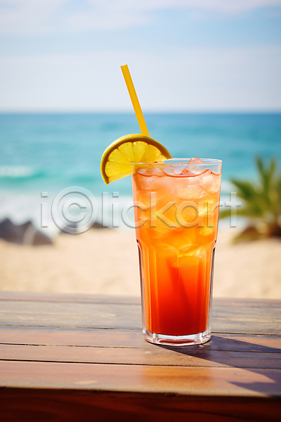 사람없음 JPG 디지털합성 아웃포커스 편집이미지 레몬 모래사장 바다 빨대 야외 여름(계절) 음료 잔 탁자 해변