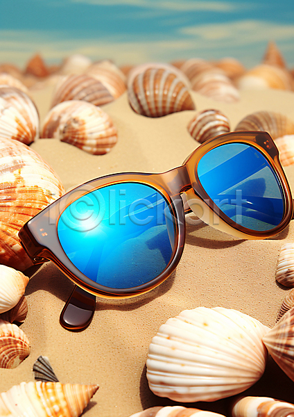 사람없음 JPG 근접촬영 디지털합성 편집이미지 모래사장 반사 선글라스 야외 여름(계절) 조개껍데기 해변 햇빛