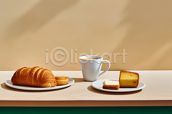 사람없음 JPG 디지털합성 편집이미지 라이프스타일 베이지색 브런치 빵 음식 접시 카페 커피 커피잔