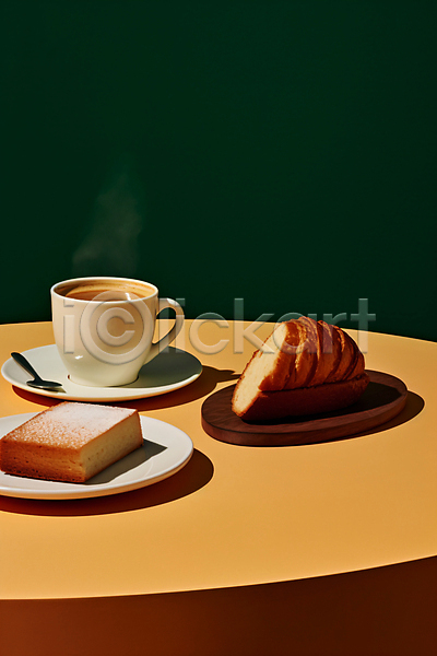 사람없음 JPG 디지털합성 편집이미지 라이프스타일 브런치 빵 음식 접시 초록색 카페 커피 커피잔 탁자 티스푼