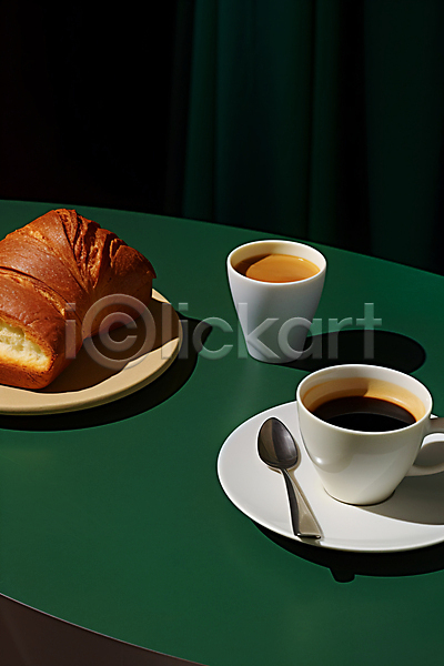사람없음 JPG 디지털합성 편집이미지 라이프스타일 브런치 빵 음식 접시 초록색 카페 커피 커피잔 티스푼