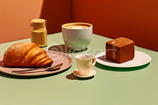사람없음 JPG 디지털합성 편집이미지 라이프스타일 브런치 빵 양념통 연두색 음식 접시 카페 커피 커피잔 티스푼
