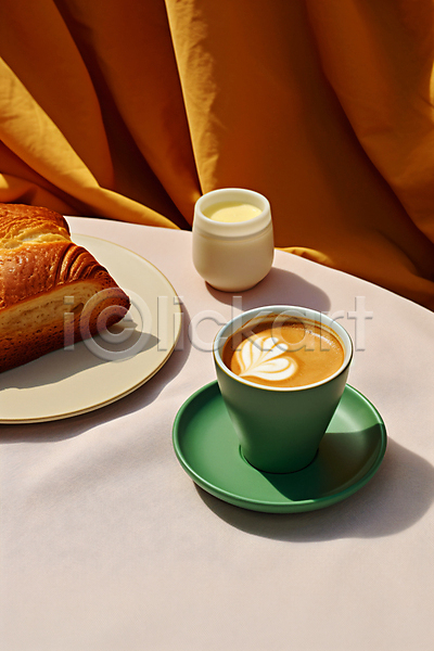 사람없음 JPG 디지털합성 편집이미지 라떼아트 라이프스타일 브런치 빵 연분홍색 음식 접시 카페 커피 커피잔 탁자