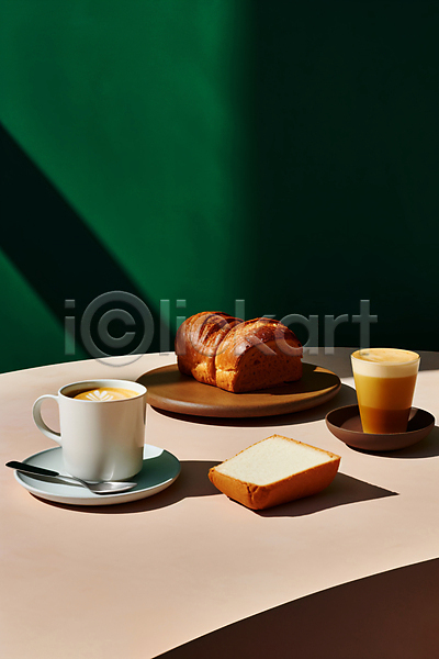 사람없음 JPG 디지털합성 편집이미지 라이프스타일 브런치 빵 연분홍색 음식 접시 초록색 카페 커피 커피잔 탁자 티스푼