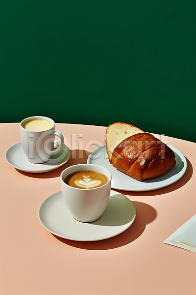 사람없음 JPG 디지털합성 편집이미지 라떼아트 라이프스타일 브런치 빵 연분홍색 음식 접시 초록색 카페 커피 커피잔 탁자