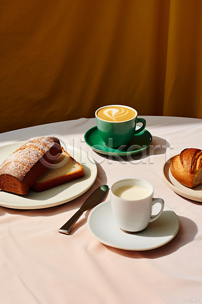 사람없음 JPG 디지털합성 편집이미지 라떼 라이프스타일 버터나이프 브런치 빵 연분홍색 우유 음식 접시 카페 커피 커피잔 탁자