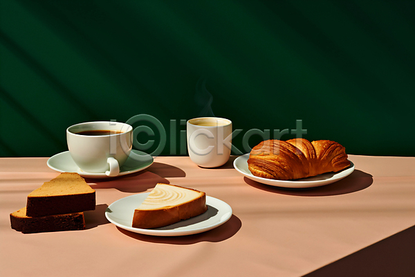사람없음 JPG 디지털합성 편집이미지 라이프스타일 브런치 빵 음식 접시 초록색 카페 커피 커피잔 탁자
