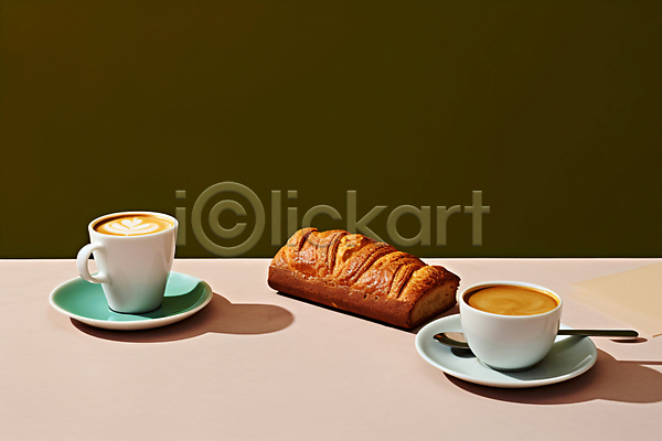 사람없음 JPG 디지털합성 편집이미지 라떼아트 라이프스타일 브런치 빵 음식 접시 초록색 카페 커피 커피잔 탁자 티스푼