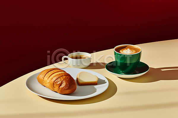 사람없음 JPG 디지털합성 편집이미지 그림자 라이프스타일 브런치 빵 음식 접시 카페 커피 커피잔 탁자