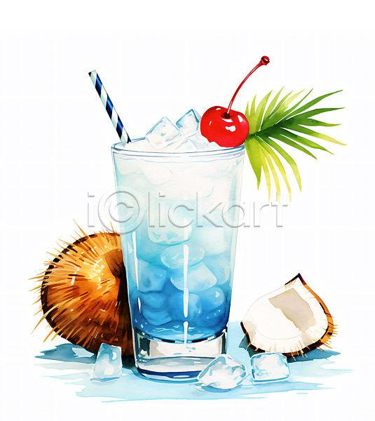 사람없음 JPG 일러스트 빨대 수채화(물감) 야자수잎 얼음 여름(계절) 잔 주류 체리 칵테일 코코넛 파란색