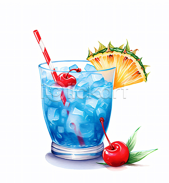 사람없음 JPG 일러스트 빨대 수채화(물감) 야자수잎 얼음 여름(계절) 잔 주류 체리 칵테일 파란색 파인애플