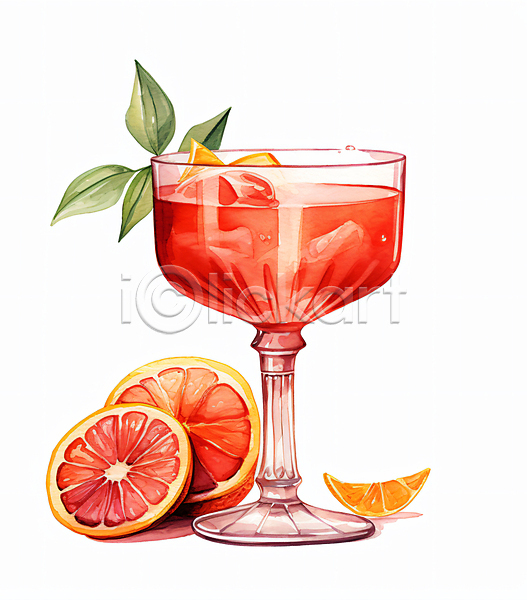 사람없음 JPG 일러스트 빨간색 수채화(물감) 오렌지 와인잔 잎 주류 칵테일 코스모폴리탄