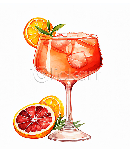 사람없음 JPG 일러스트 빨간색 수채화(물감) 오렌지 와인잔 잎 주류 칵테일 코스모폴리탄