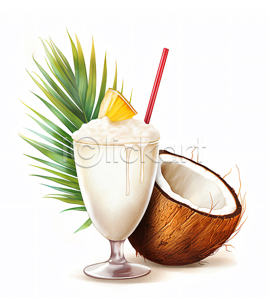 사람없음 JPG 일러스트 빨대 수채화(물감) 야자수잎 여름(계절) 잔 주류 칵테일 코코넛 파인애플 피나콜라다 흰색