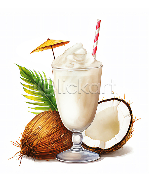 사람없음 JPG 일러스트 빨대 수채화(물감) 야자수잎 여름(계절) 잔 주류 칵테일 코코넛 피나콜라다 흰색