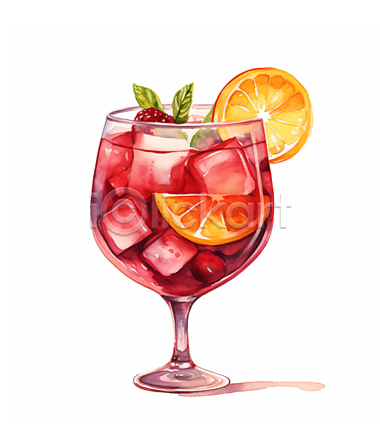 사람없음 JPG 일러스트 과일 빨간색 산딸기 상그리아 수채화(물감) 오렌지 와인 와인잔 주류 칵테일