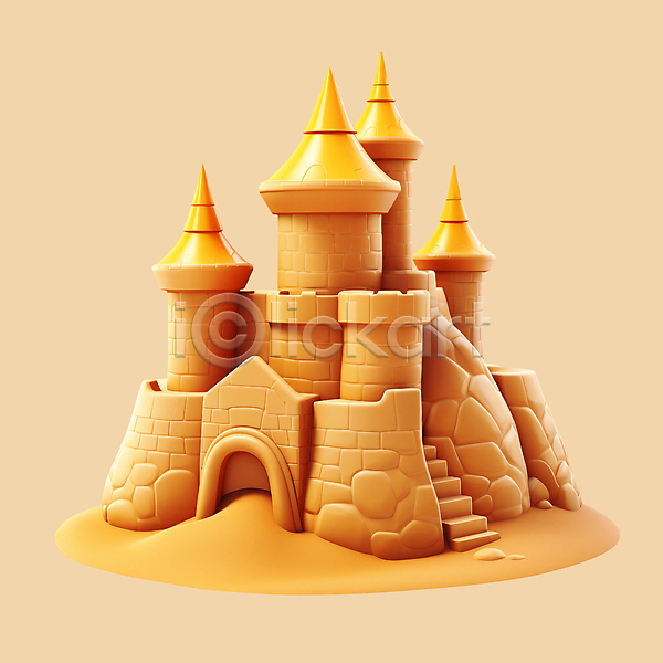 사람없음 3D 3D아이콘 PSD 디지털합성 아이콘 모래 모래성 성 여름(계절) 여름휴가 오브젝트 주황색