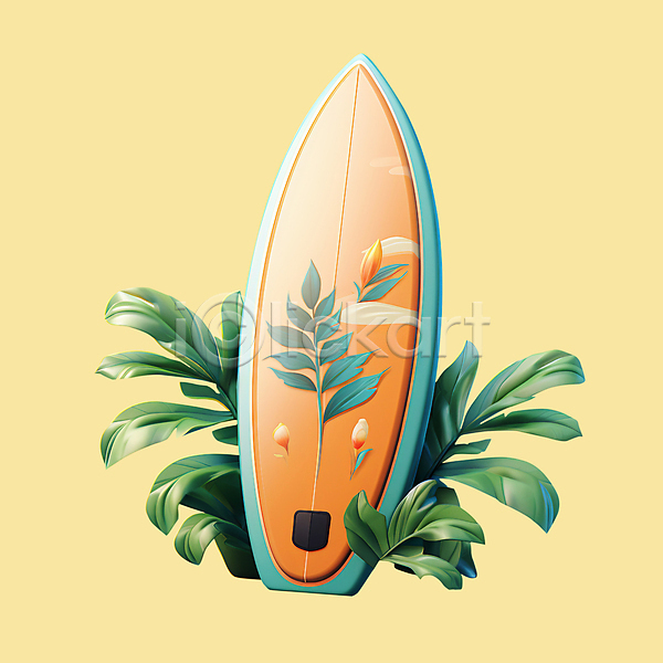 사람없음 3D 3D아이콘 PSD 디지털합성 아이콘 보드(스포츠) 서핑 서핑보드 여름(계절) 여름휴가 오브젝트 잎 주황색