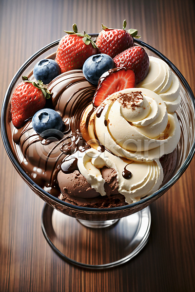 사람없음 JPG 편집이미지 갈색 딸기 블루베리 아이스크림 초코시럽 초코아이스크림 초콜릿