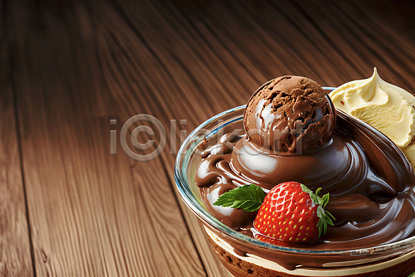 사람없음 JPG 편집이미지 갈색 딸기 아이스크림 잎 초코시럽 초코아이스크림 초콜릿