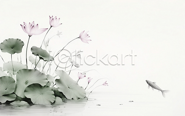 사람없음 JPG 일러스트 동양화 백그라운드 번짐 붓터치 수묵화 어류 연꽃(꽃) 연못 연잎 자연 풍경(경치) 한마리