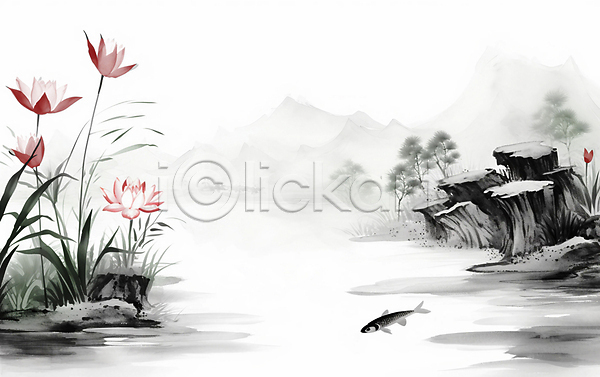 사람없음 JPG 일러스트 동양화 백그라운드 번짐 붓터치 산 소나무 수묵화 어류 연꽃(꽃) 연못 연잎 자연 풍경(경치) 한마리