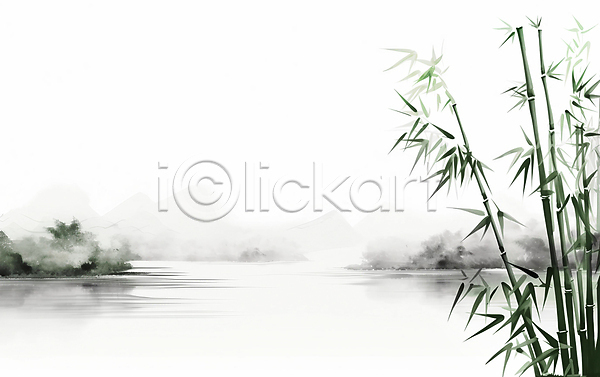 사람없음 JPG 일러스트 강 대나무 동양화 백그라운드 번짐 붓터치 산 수묵화 자연 풍경(경치)
