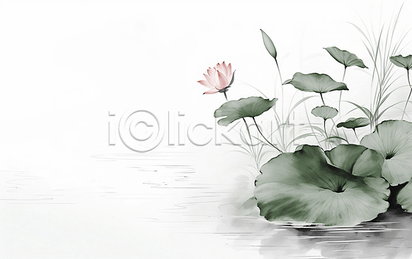 사람없음 JPG 일러스트 동양화 백그라운드 번짐 붓터치 수묵화 연꽃(꽃) 연못 연잎 자연 풍경(경치)