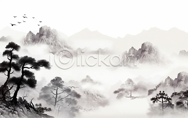 사람없음 JPG 일러스트 구름(자연) 나무 동양화 백그라운드 번짐 붓터치 산 새떼 수묵화 안개 자연 조류 풍경(경치)