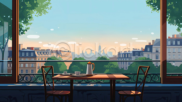 사람없음 JPG 일러스트 건물 구름(자연) 나무 나뭇잎 도시 마을 백그라운드 의자 주전자 주택 찻잔 창밖 창틀 카페 커피잔 탁자 풍경(경치) 하늘
