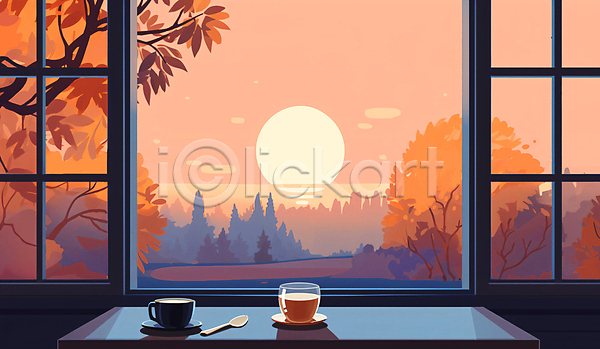 사람없음 JPG 일러스트 가을(계절) 가을풍경 나무 단풍 단풍나무 백그라운드 일몰 주황색 찻잔 창문 창밖 창틀 카페 커피잔 탁자 태양 티스푼 풍경(경치) 하늘
