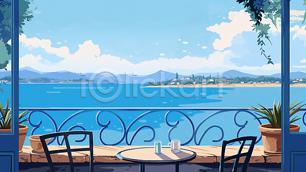 사람없음 JPG 일러스트 구름(자연) 난간 마을 맑음 머그컵 바다 백그라운드 산 섬 의자 잔 창밖 창틀 카페 탁자 파란색 풍경(경치) 하늘 화분