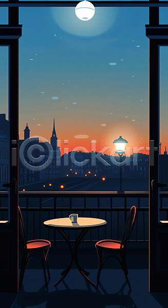 사람없음 JPG 일러스트 가로등 건물 난간 도시 마을 백그라운드 빛 어둠 의자 일몰 저녁 조명 창밖 창틀 카페 탁자 풍경(경치) 하늘