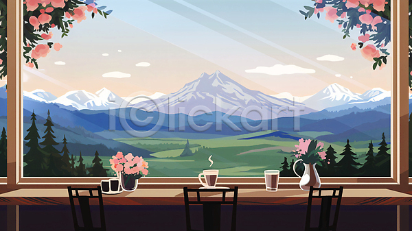 사람없음 JPG 일러스트 구름(자연) 꽃 꽃병 나무 백그라운드 산 의자 자연 창문 창밖 초원(자연) 카페 커피잔 탁자 풍경(경치) 하늘