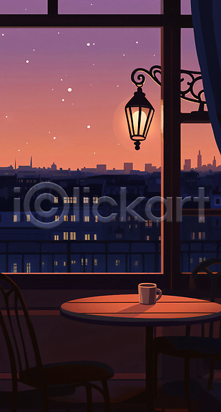 사람없음 JPG 일러스트 건물 도시 머그컵 백그라운드 별 빛 야경 의자 일몰 저녁 조명 창밖 창틀 카페 커튼 탁자 풍경(경치)
