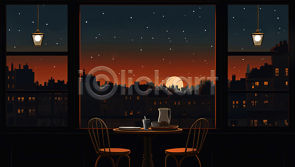 사람없음 JPG 실루엣 일러스트 건물 도시 밤하늘 백그라운드 별 보름달 야경 어둠 의자 접시 조명 주전자 창밖 창틀 카페 커피잔 쿠키 탁자 풍경(경치)