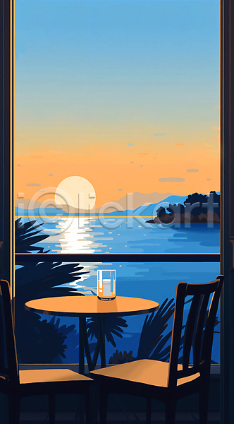 사람없음 JPG 일러스트 구름(자연) 나뭇잎 난간 바다 백그라운드 산 섬 음료 의자 일몰 잔 창밖 창틀 카페 탁자 태양 풀(식물) 풍경(경치) 햇빛