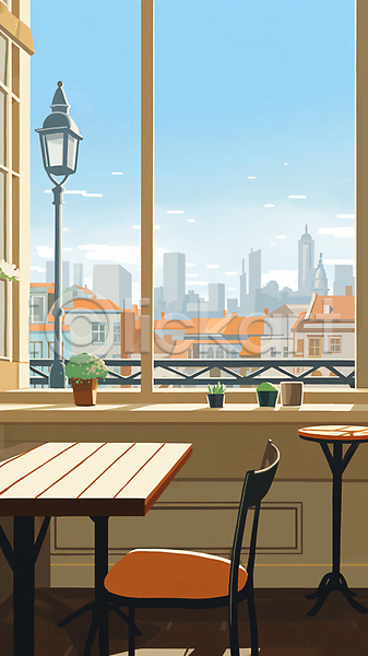 사람없음 JPG 일러스트 가로등 구름(자연) 도시 마을 백그라운드 빌딩 의자 주택 창밖 창틀 카페 탁자 풍경(경치) 하늘 화분
