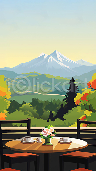 사람없음 JPG 일러스트 꽃 꽃병 나무 단풍 백그라운드 산 의자 자연 찻잔 창밖 카페 커피 커피잔 탁자 풍경(경치) 하늘