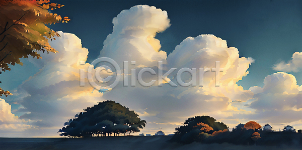 사람없음 JPG 일러스트 가을(계절) 가을풍경 구름(자연) 나무 단풍나무 뭉게구름 백그라운드 자연 풍경(경치) 하늘