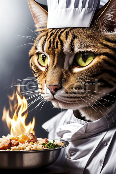 신비 사람없음 JPG 디지털합성 편집이미지 고양이 굽기 동물라이프 불꽃(불) 서양음식 요리 요리사 음식 의인화 조리복 한마리
