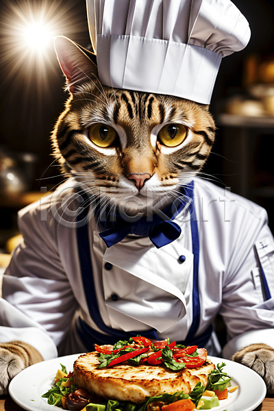 신비 사람없음 JPG 디지털합성 편집이미지 고양이 동물라이프 빛 서양음식 요리사 음식 의인화 조리복 한마리
