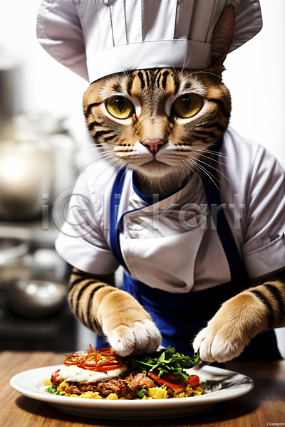신비 요리중 사람없음 JPG 디지털합성 편집이미지 고양이 동물라이프 서양음식 요리사 음식 의인화 조리복 한마리