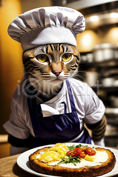 신비 사람없음 JPG 디지털합성 편집이미지 고양이 동물라이프 서양음식 요리사 음식 의인화 조리복 한마리