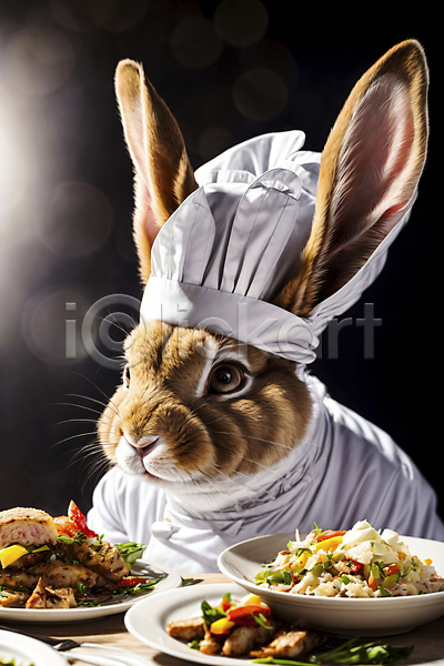 신비 사람없음 JPG 디지털합성 편집이미지 동물라이프 빛 서양음식 요리사 음식 의인화 조리복 토끼 한마리