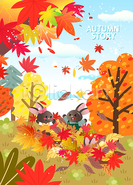 즐거움 휴식 사람없음 AI(파일형식) 일러스트 가을(계절) 가을여행 가을풍경 구름(자연) 낙엽 단풍 두마리 만세 무더기 미소(표정) 은행잎 초원(자연) 토끼 토끼캐릭터 하늘 흑토끼 힐링