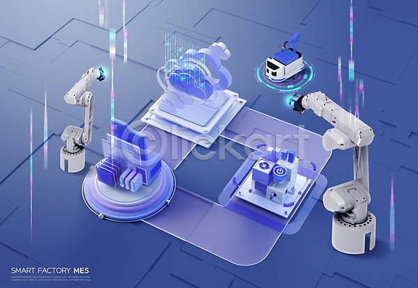 분석 스마트 사람없음 PSD 편집이미지 AI(인공지능) 공장 로봇 로봇팔 물류 아이소메트릭 자동화 자동화기기 클라우드서비스 파란색 폴더 홀로그램