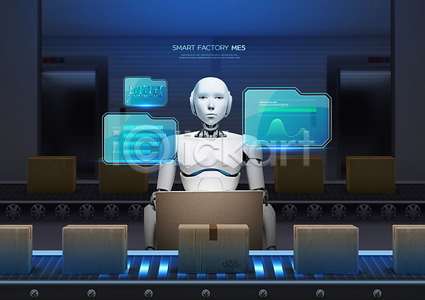 스마트 사람없음 PSD 편집이미지 AI(인공지능) 공장 관리 들기 로봇 물류 상자 스크린 운반 자료 컨베이어 홀로그램