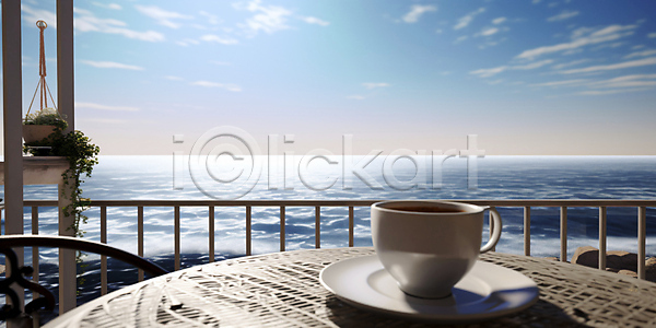 사람없음 JPG 편집이미지 구름(자연) 난간 맑음 발코니 카페 카페테라스 커피잔 탁자 풍경(경치) 하늘 해변 화분